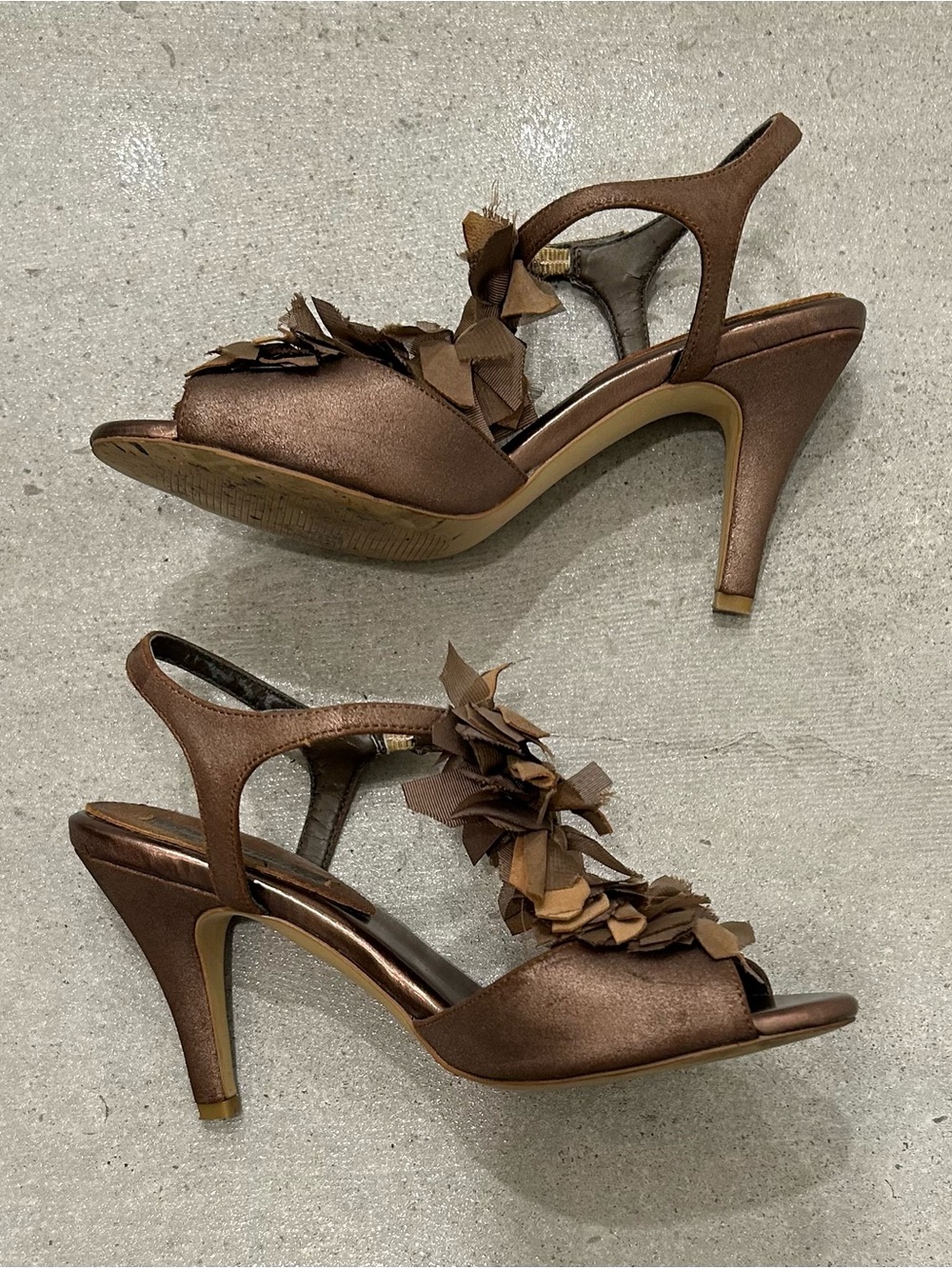 Banana Republic Bronze Satin Strappy High Heels with Ruffle Bow Detail